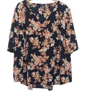 Kaari Blue Curvy Women's Black Floral Popover 3X V-Neck Blouse, Feminine Office